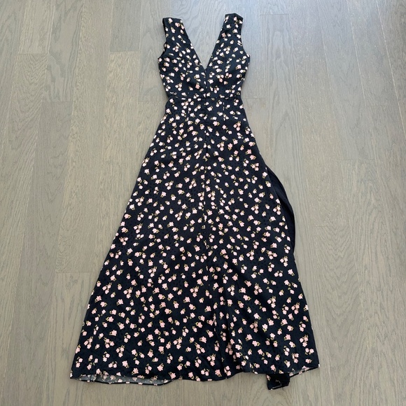 Self-Portrait Black Floral Sleeveless V-Neck Dress Button Ruffle Twist - US 2 - Picture 3 of 12